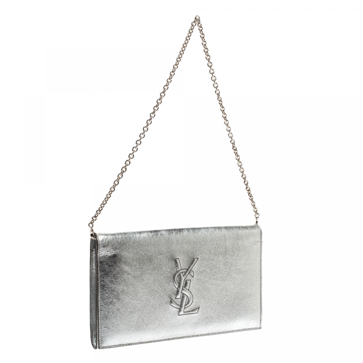 مملوكة مسبقًا Saint Laurent Paris Metallic Silver Leather Wallet on Chain
