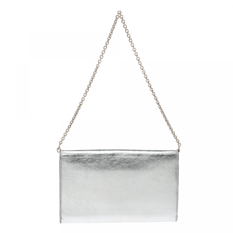 مملوكة مسبقًا Saint Laurent Paris Metallic Silver Leather Wallet on Chain