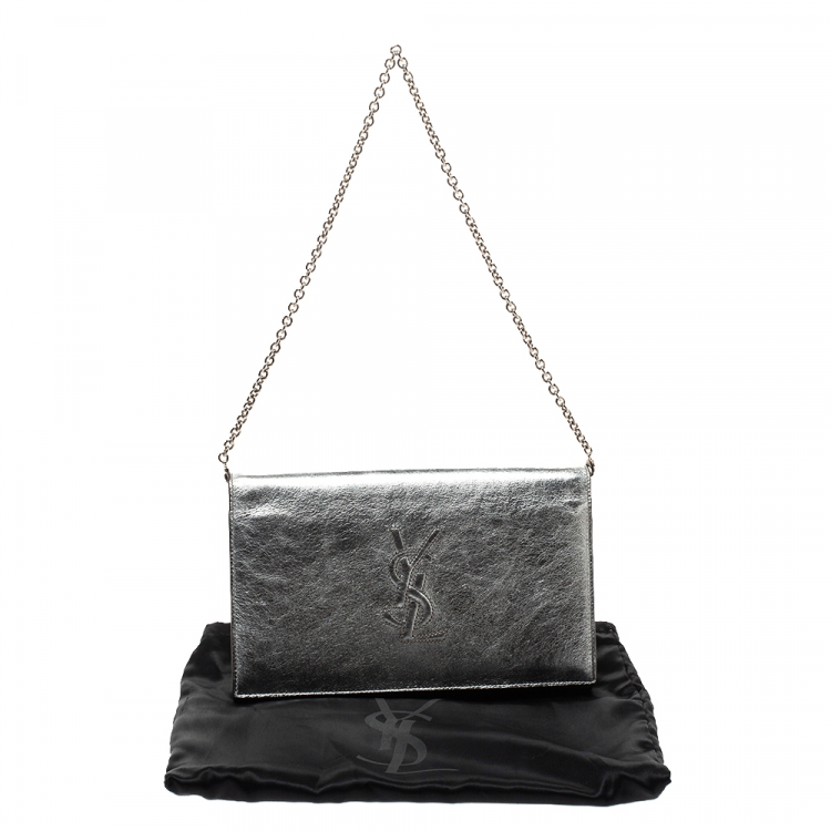 مملوكة مسبقًا Saint Laurent Paris Metallic Silver Leather Wallet on Chain