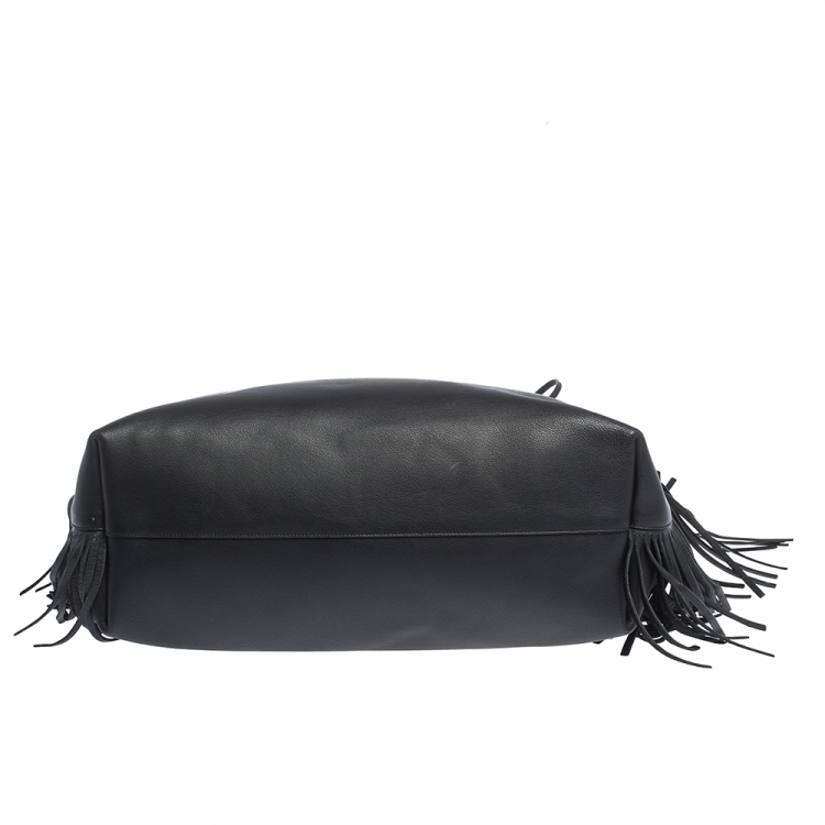Pre Owned Saint Laurent Paris Black Leather Fringe Large Shopper Tote