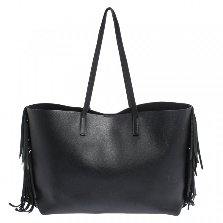 Pre Owned Saint Laurent Paris Black Leather Fringe Large Shopper Tote