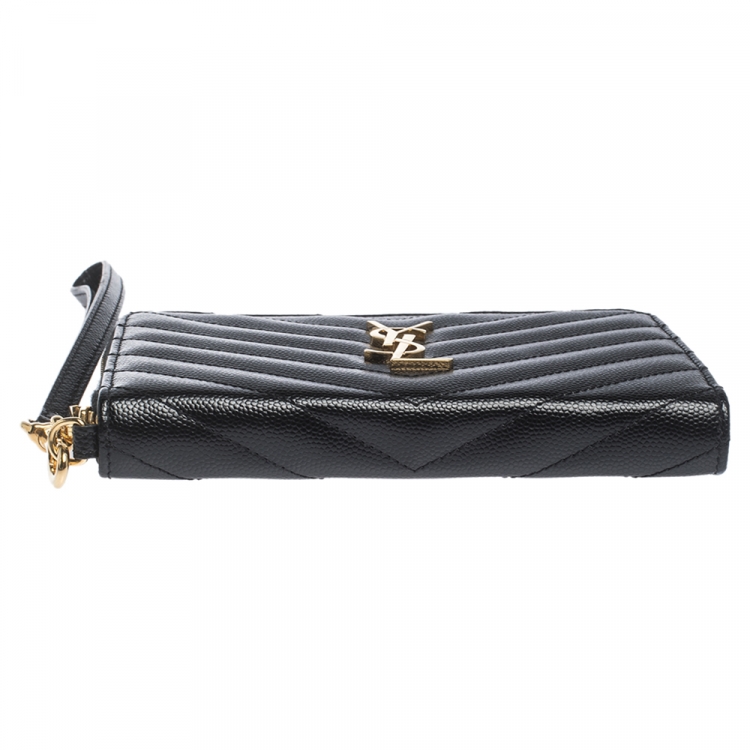 Pre Owned Saint Laurent Paris Black Matelasse Leather Monogram Zip Around Wristlet Wallet