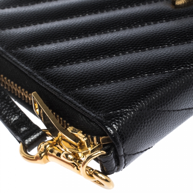 Pre Owned Saint Laurent Paris Black Matelasse Leather Monogram Zip Around Wristlet Wallet