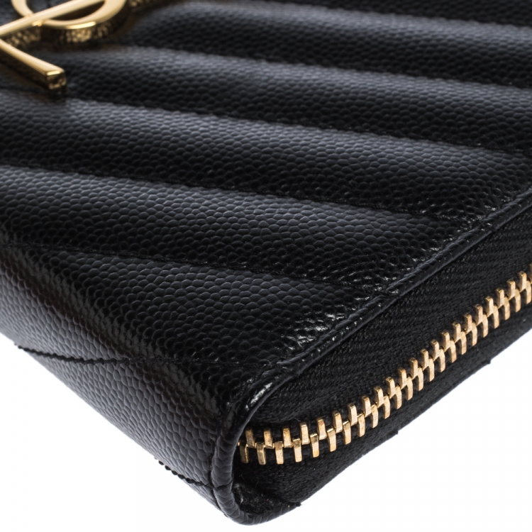 Pre Owned Saint Laurent Paris Black Matelasse Leather Monogram Zip Around Wristlet Wallet