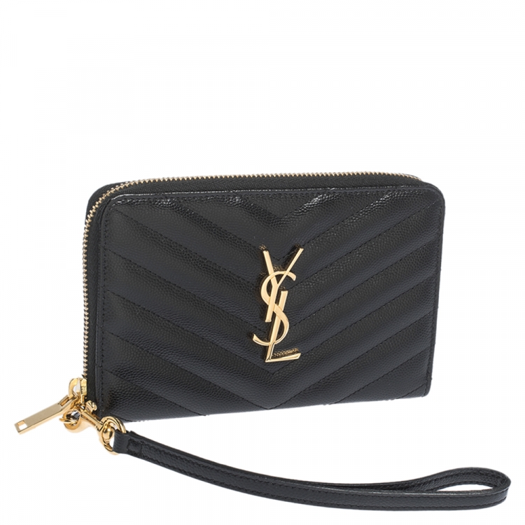 Pre Owned Saint Laurent Paris Black Matelasse Leather Monogram Zip Around Wristlet Wallet