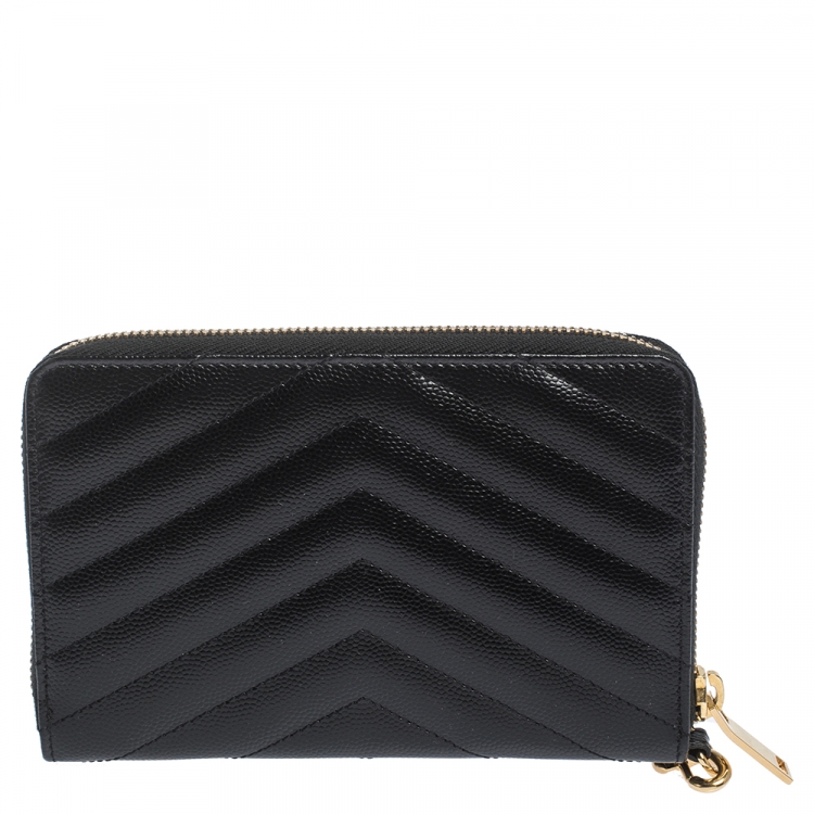 Pre Owned Saint Laurent Paris Black Matelasse Leather Monogram Zip Around Wristlet Wallet