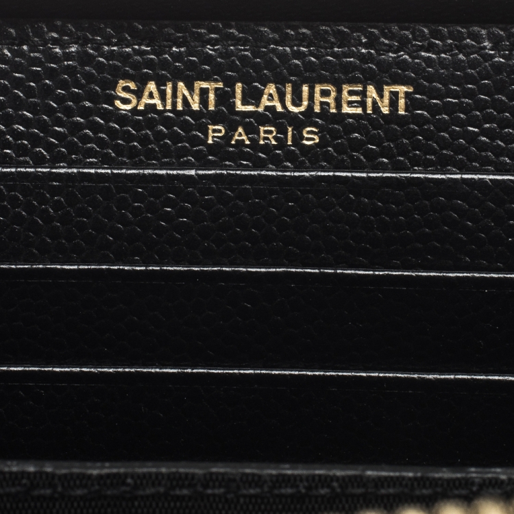 Pre Owned Saint Laurent Paris Black Matelasse Leather Monogram Zip Around Wristlet Wallet