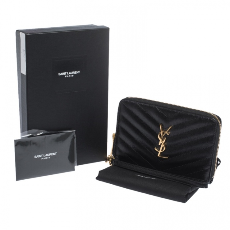 Pre Owned Saint Laurent Paris Black Matelasse Leather Monogram Zip Around Wristlet Wallet