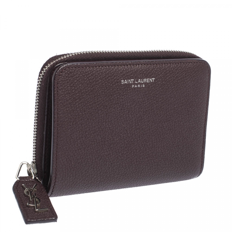 Pre Owned Saint Laurent Paris Burgundy Leather Zip Around Compact Wallet