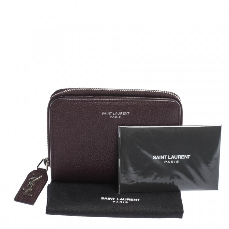 Pre Owned Saint Laurent Paris Burgundy Leather Zip Around Compact Wallet