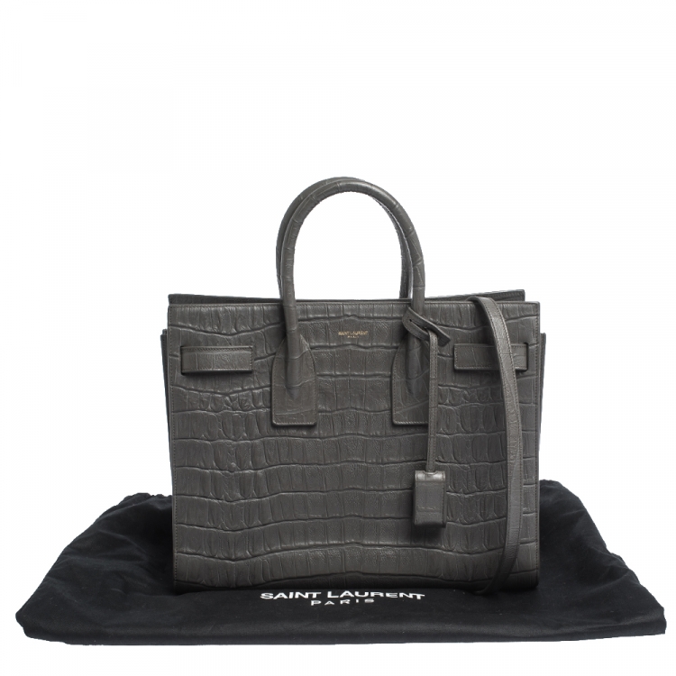 Pre Owned Saint Laurent Grey Crocodile Embossed Leather Small Classic Sac De Jour Tote