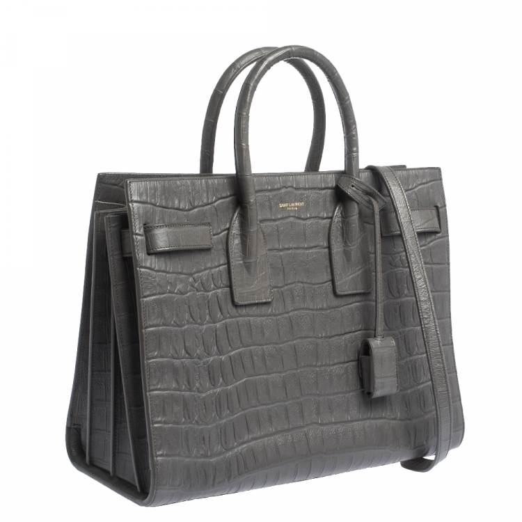 Pre Owned Saint Laurent Grey Crocodile Embossed Leather Small Classic Sac De Jour Tote