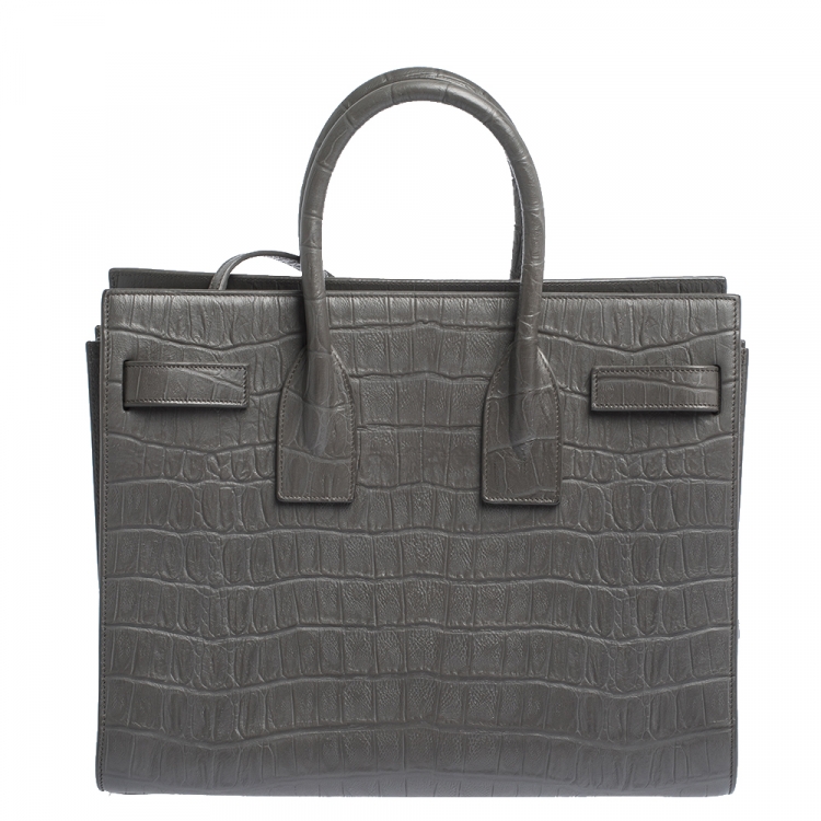 Pre Owned Saint Laurent Grey Crocodile Embossed Leather Small Classic Sac De Jour Tote