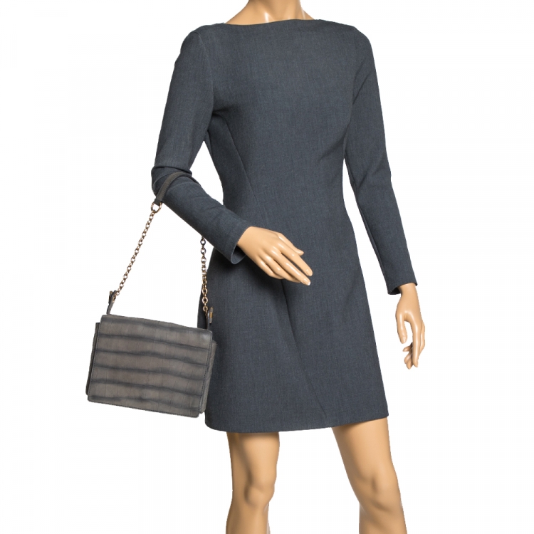 Pre Owned Saint Laurent Grey Croc Embossed Nubuck Leather Catwalk Shoulder Bag