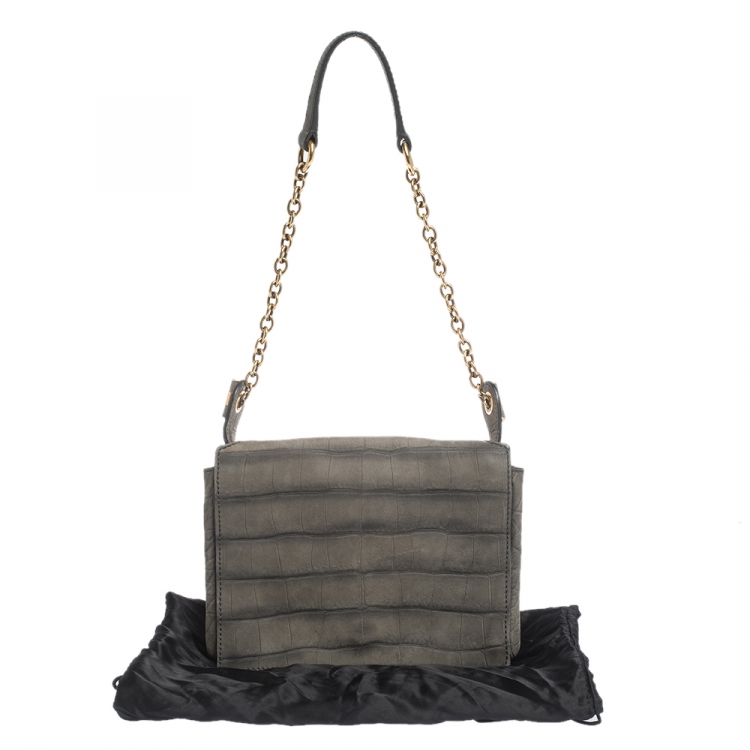 Pre Owned Saint Laurent Grey Croc Embossed Nubuck Leather Catwalk Shoulder Bag