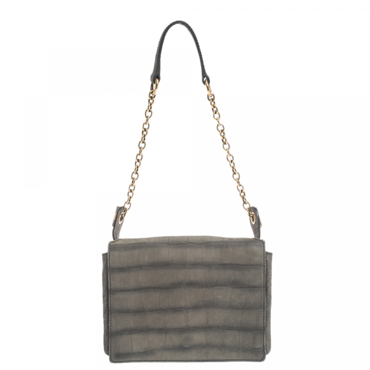 Pre Owned Saint Laurent Grey Croc Embossed Nubuck Leather Catwalk Shoulder Bag