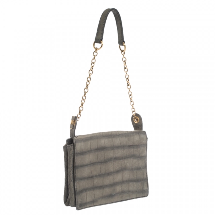 Pre Owned Saint Laurent Grey Croc Embossed Nubuck Leather Catwalk Shoulder Bag