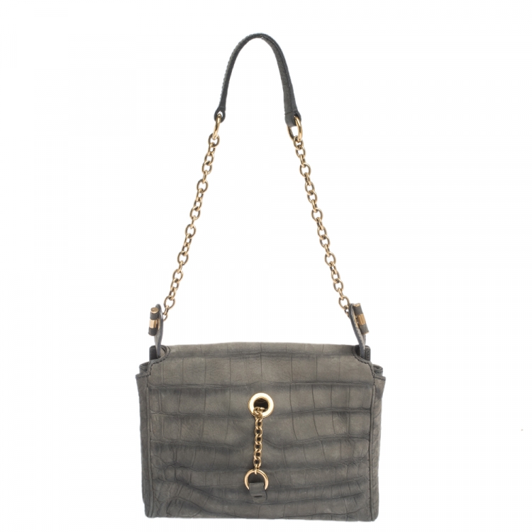 Pre Owned Saint Laurent Grey Croc Embossed Nubuck Leather Catwalk Shoulder Bag