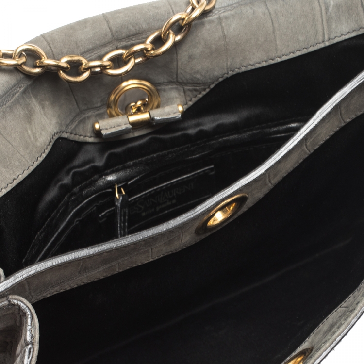 Pre Owned Saint Laurent Grey Croc Embossed Nubuck Leather Catwalk Shoulder Bag