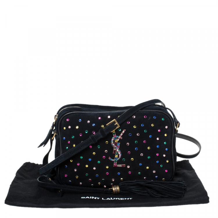 Pre Owned Saint Laurent Black Suede Crystal Embellished Lou Camera Crossbody Bag