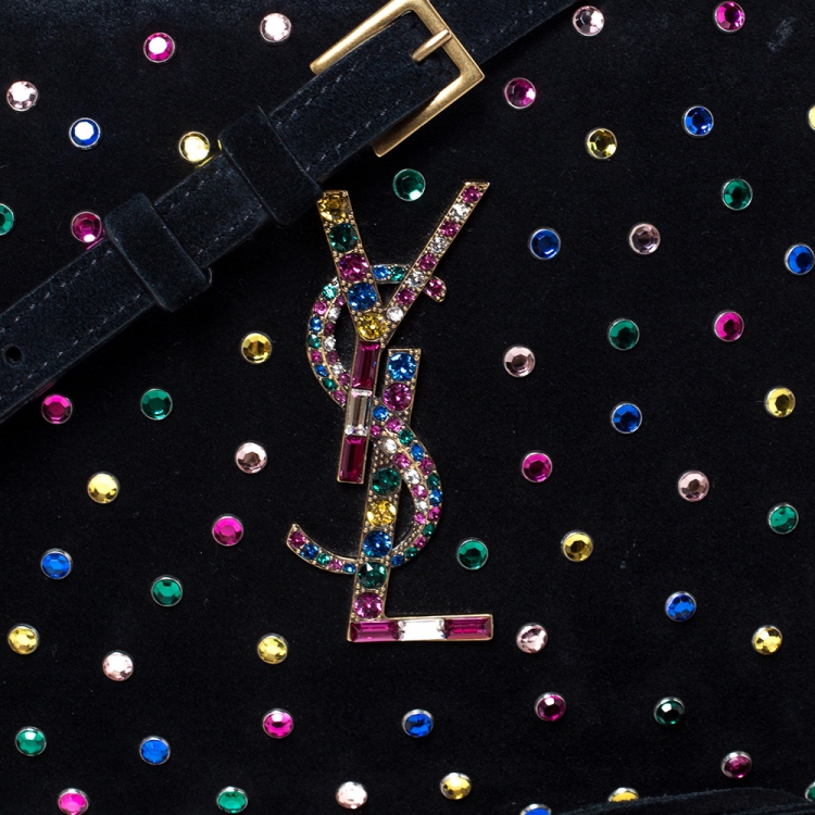 Pre Owned Saint Laurent Black Suede Crystal Embellished Lou Camera Crossbody Bag
