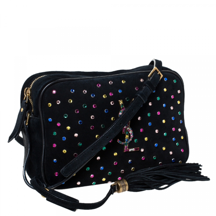 Pre Owned Saint Laurent Black Suede Crystal Embellished Lou Camera Crossbody Bag