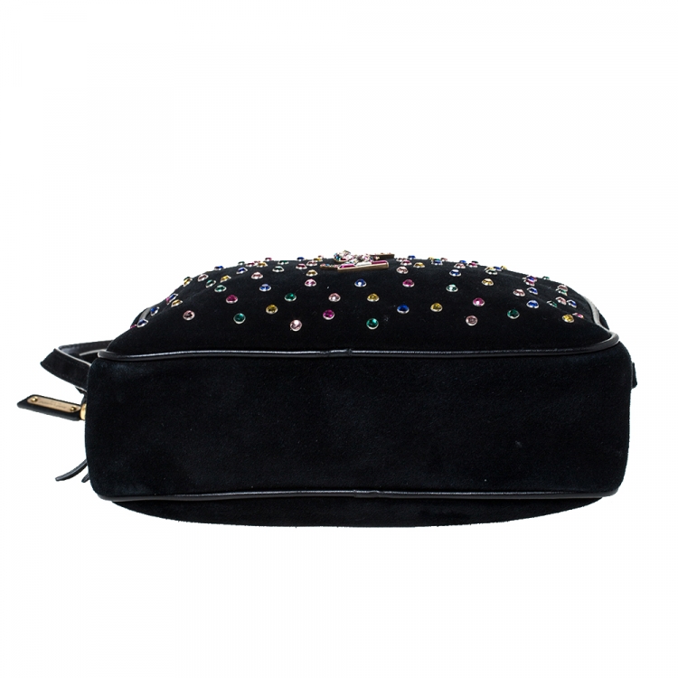 Pre Owned Saint Laurent Black Suede Crystal Embellished Lou Camera Crossbody Bag