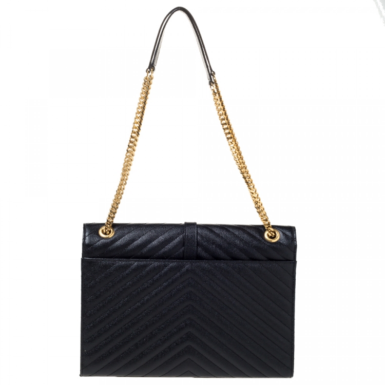 Pre Owned Saint Laurent Black Chevron Quilted Leather Monogram Envelope Shoulder Bag