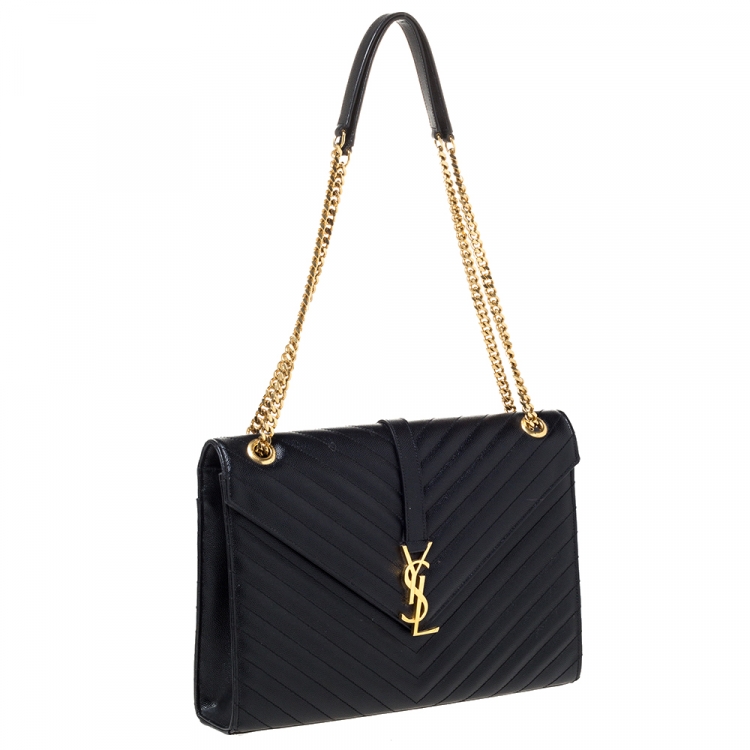 Pre Owned Saint Laurent Black Chevron Quilted Leather Monogram Envelope Shoulder Bag