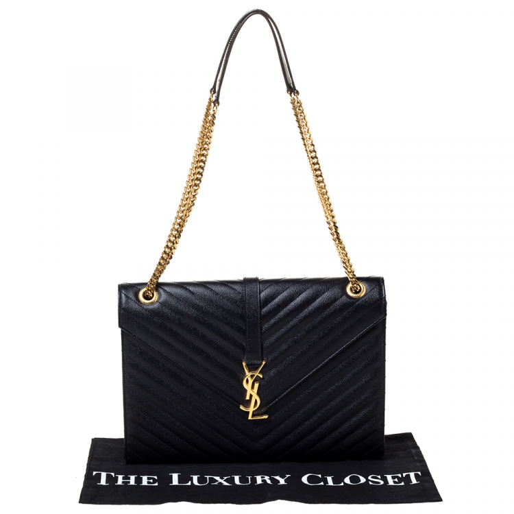 Pre Owned Saint Laurent Black Chevron Quilted Leather Monogram Envelope Shoulder Bag