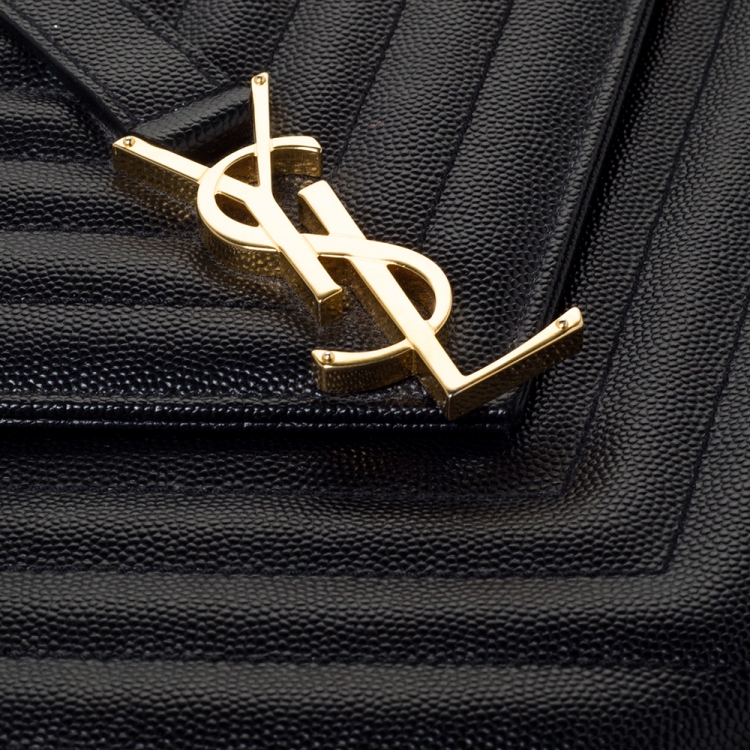 Pre Owned Saint Laurent Black Chevron Quilted Leather Monogram Envelope Shoulder Bag
