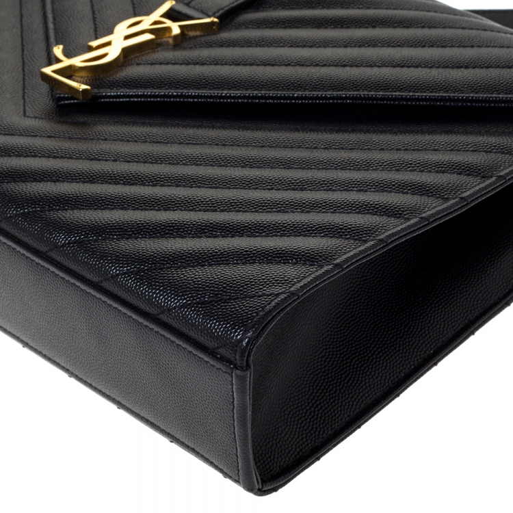 Pre Owned Saint Laurent Black Chevron Quilted Leather Monogram Envelope Shoulder Bag
