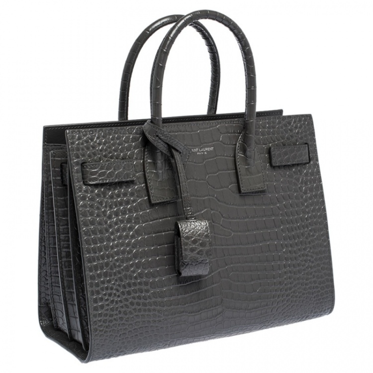 Pre Owned Saint Laurent Grey Croc Embossed Leather Baby Classic Sac De Jour Tote