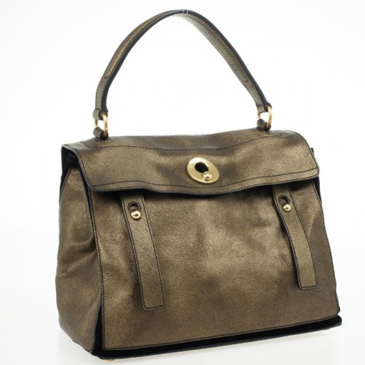 Pre Owned Yves Saint Laurent Bronze Pony Hair Embossed Leather Muse Two Top Handle Bag