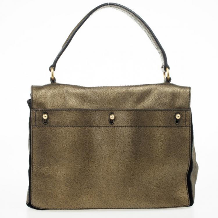 Pre Owned Yves Saint Laurent Bronze Pony Hair Embossed Leather Muse Two Top Handle Bag