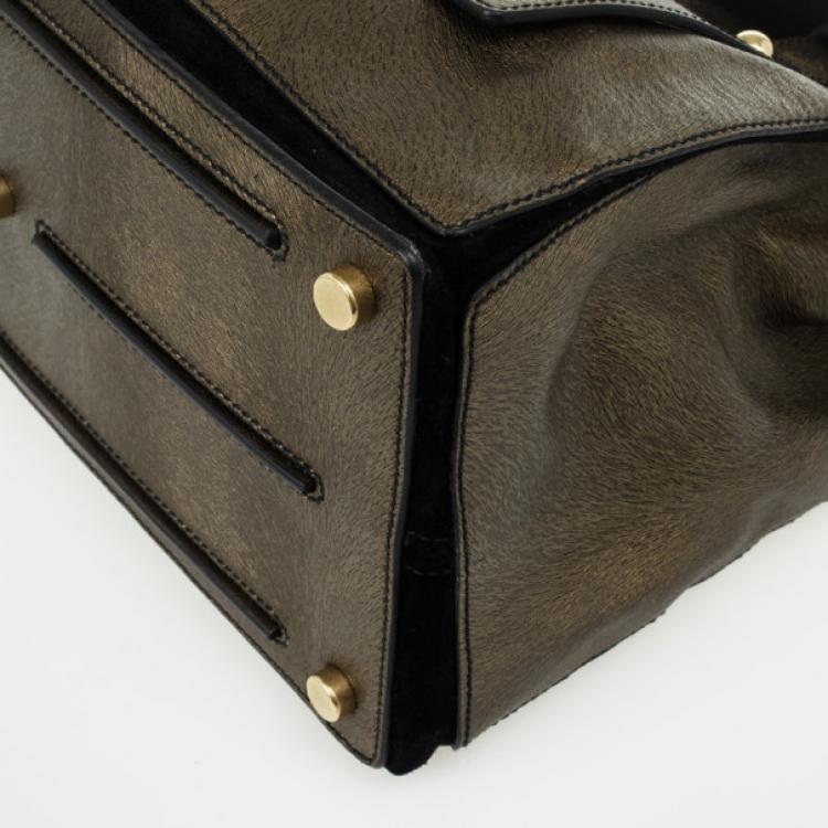 Pre Owned Yves Saint Laurent Bronze Pony Hair Embossed Leather Muse Two Top Handle Bag