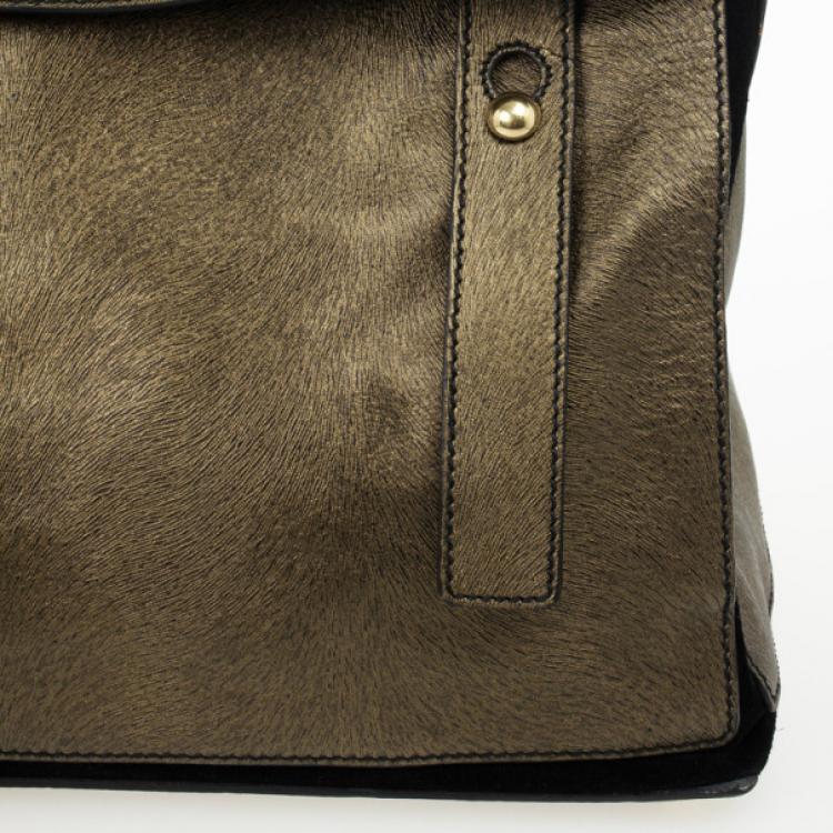 Pre Owned Yves Saint Laurent Bronze Pony Hair Embossed Leather Muse Two Top Handle Bag