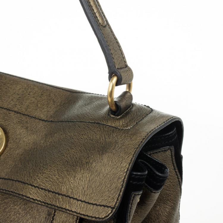 Pre Owned Yves Saint Laurent Bronze Pony Hair Embossed Leather Muse Two Top Handle Bag