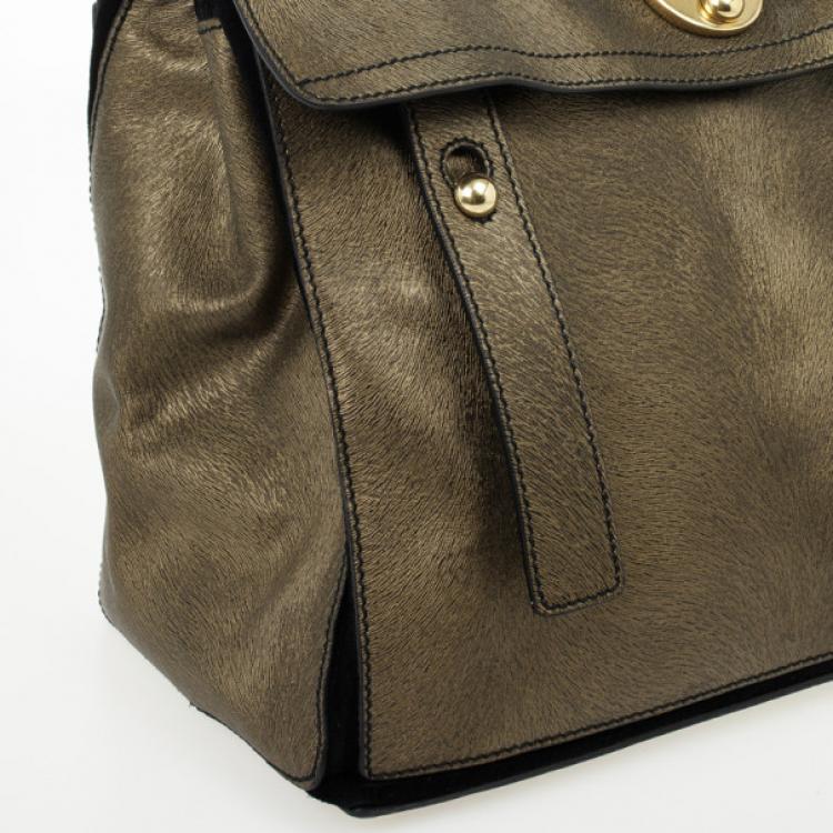 Pre Owned Yves Saint Laurent Bronze Pony Hair Embossed Leather Muse Two Top Handle Bag