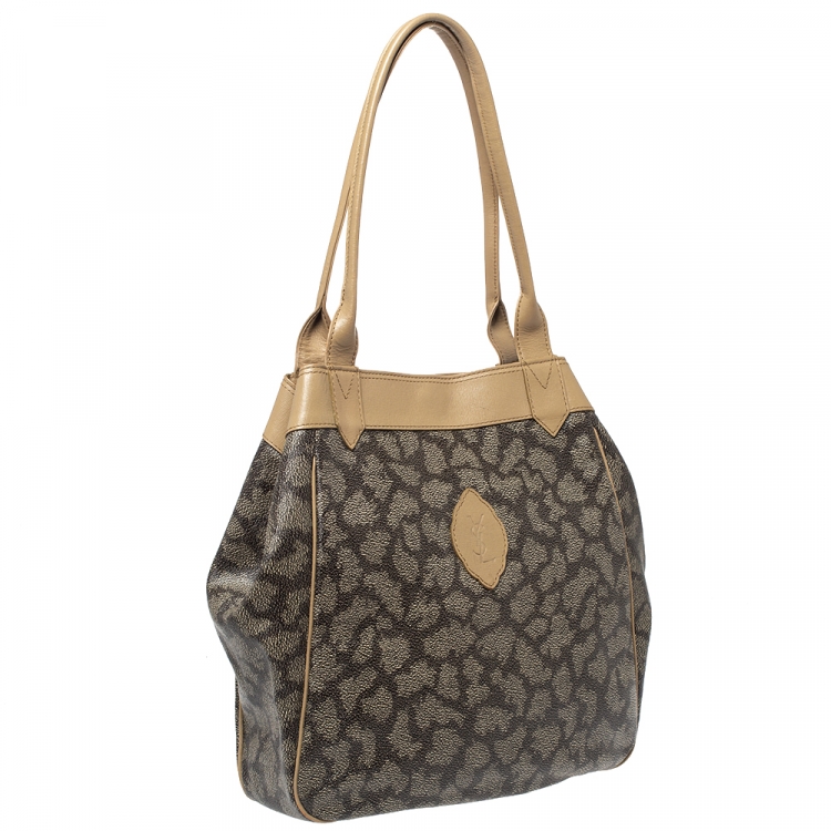 Pre Owned Yves Saint Laurent Grey/Beige Coated Canvas Shoulder Bag