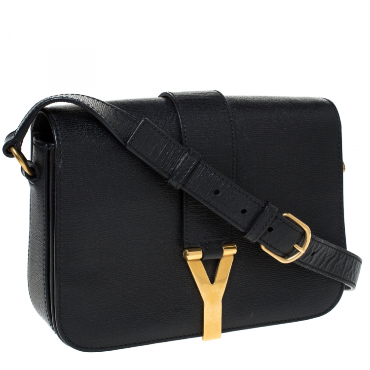 Pre Owned Saint Laurent Paris Black Leather Ligne Y Charm Crossbody Bag 