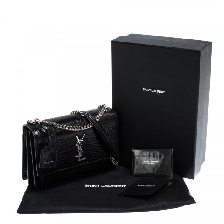مملوكة مسبقًا Saint Laurent Black Croc Embossed Leather Medium Sunset Shoulder Bag