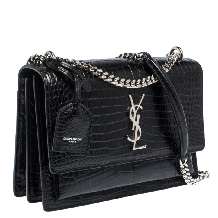 مملوكة مسبقًا Saint Laurent Black Croc Embossed Leather Medium Sunset Shoulder Bag