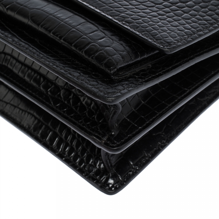مملوكة مسبقًا Saint Laurent Black Croc Embossed Leather Medium Sunset Shoulder Bag