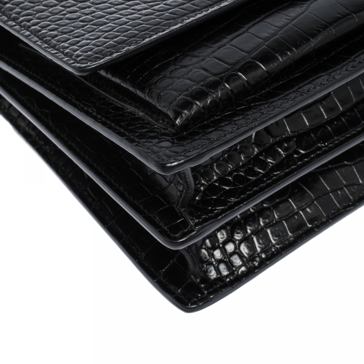مملوكة مسبقًا Saint Laurent Black Croc Embossed Leather Medium Sunset Shoulder Bag
