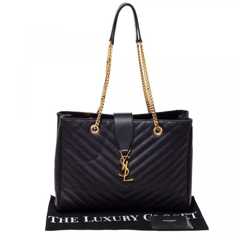 Pre Owned Saint Laurent Black Matelasse Leather Cassandre Shopper Tote