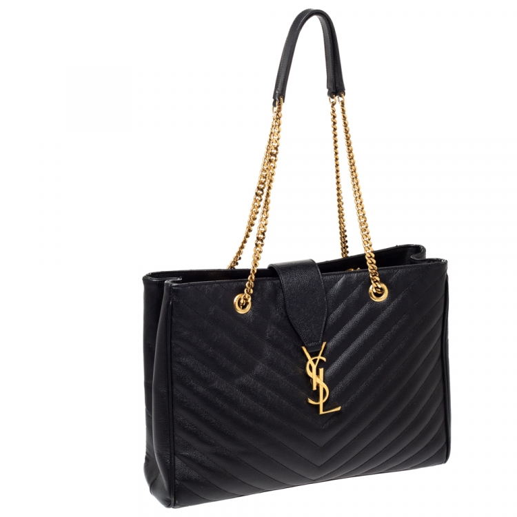 Pre Owned Saint Laurent Black Matelasse Leather Cassandre Shopper Tote
