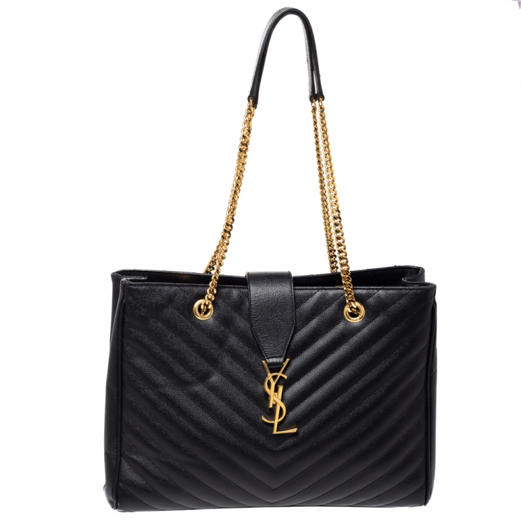 Pre Owned Saint Laurent Black Matelasse Leather Cassandre Shopper Tote