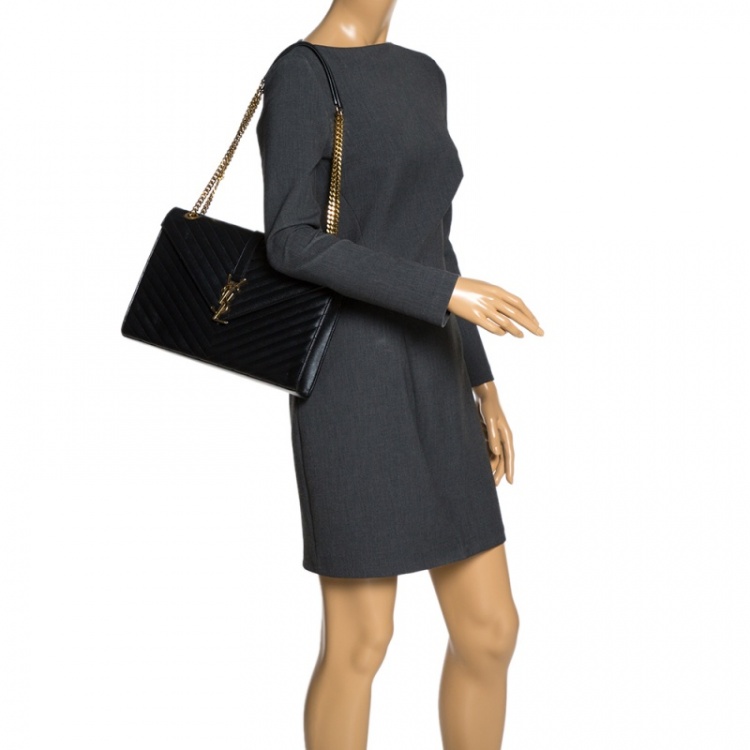Pre Owned Saint Laurent Black Matelasse Leather Large Cassandre Flap Bag