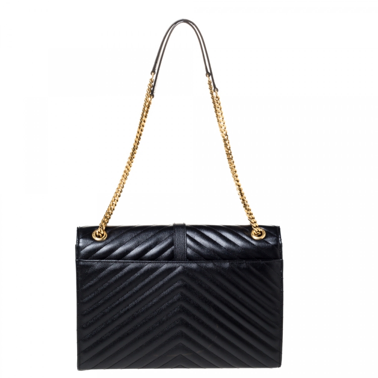 Pre Owned Saint Laurent Black Chevron Quilted Leather Monogram Envelope Shoulder Bag